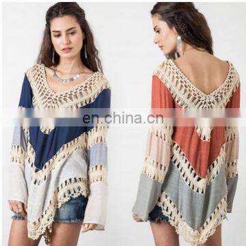 J0759 Cotton and Linen Ladies Long Sleeve Lace Tops Crochet Shirt Blouse