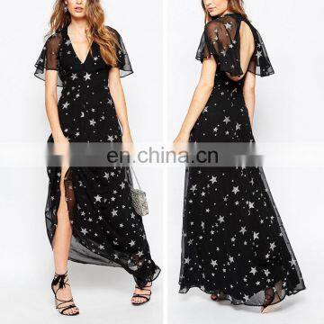 Wholesale Custom Made Open Back Glitter Star Flutter Sleeve Long Maxi Chiffon Dress