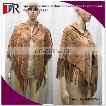 winter newest women faux suede fabric scarf suede fringe shawl poncho