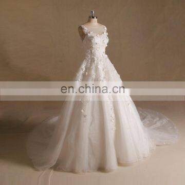 Noble Scoop Neck Corded Flowers Puff Aline Wedding Dress Long Train Sleeveless photo-3