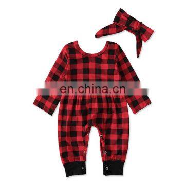 Fall Baby Girl Rompers Set Toddler Christmas Plaid Jumpsuit Headband 2pcs Set Playsuit Long Sleeve Holiday Clothes Set photo-3