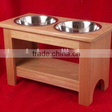 Custom Logo Red Stain Color Solid Wooden Pet Feeder,double Bowl Wooden Pet Feeder
