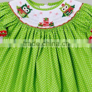 Lime Owl Dot Hand Smocked Children Clothing Wholesale photo-2