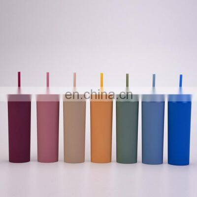 Amazon Hotsale 16OZ Custom Matte Plastic Water Bottle Double Wall Skinny Tumbler With Straw