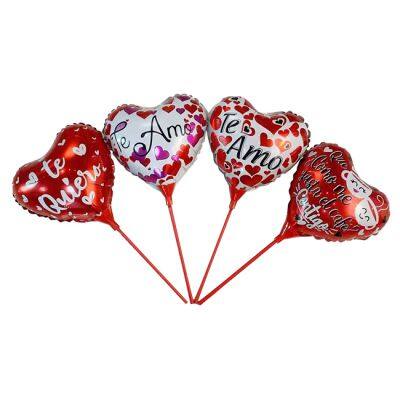 10 Inch Globos Valentines Day Foil Balloons Inflatable Toys Ballons Heart Shape Helium Balloon Party Decoration With Stick