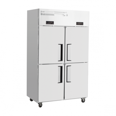 Refrigerador y congelador vertical de doble/cuatro puertas con enfriamiento por aire. Equipamiento de refrigeración para la cocina utilizado en el procesamiento de carne.