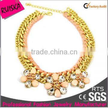 Top Popular Design Wholesale Alloy Chain Golden Necklace With Rope And Acrylic Stone Flower