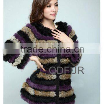 QD28270 Lady Strip Knitted Rabbit Fur Coat From China photo-4