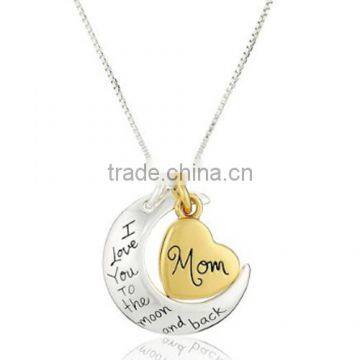 Two-Tone Sterling Silver Mom I Love You Heart Pendant 18'' Necklace I LOVE YOU MOM SILVER PENDANT NECKLACE