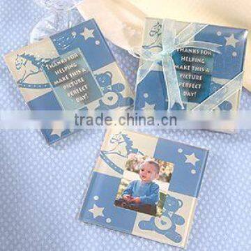 Crystal square blue photo frame glass cup coaster for baby gifts