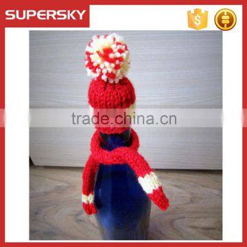 A-827 Knitting Christmas Wine Cozy Toppers Wine Santa Hat and Scarf Set Knitting Christmas Wine Bottle Topper photo-2