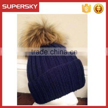 A-532 plain knitted pom pom beanies raccoon fur pom beanie ribbed knit fur pom beanie