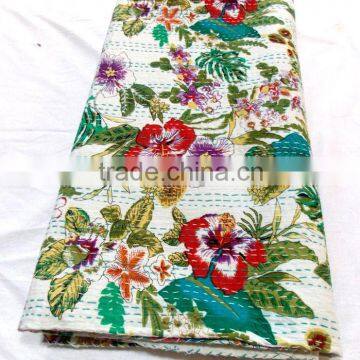 Flower Print Kantha Quilt Blanket Bedspread Reversible Throw Gudri Ralli Bohemian Quilt Blanket