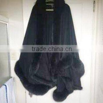 popular color wool cape with fox fur trim / cashmere poncho