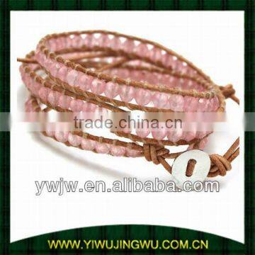 Pink Gemstone Wholesale Leather Wrap Bracelet(JW-G2574)