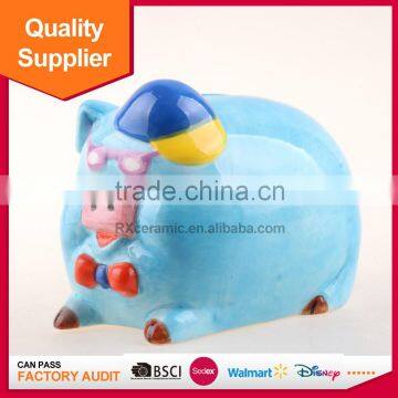 wholesale rock and roll blue pig in a hat with handPainting ceramic piggy bank