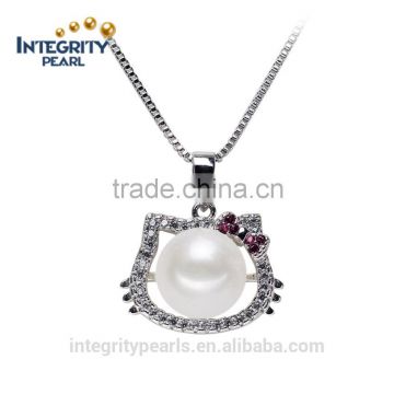 9-10mm AAA button 925 silver cat shaped animal print pearl pendant