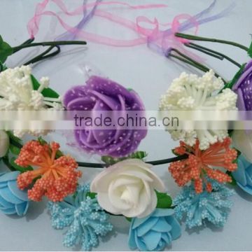 J51504 PE rose with plastic leaf headband with color silk ribbon ,bridal crown flower headband