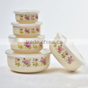 5Pcs Flower Decal Printed Enamel Salad Mixing Bowl Set Food Storage Container