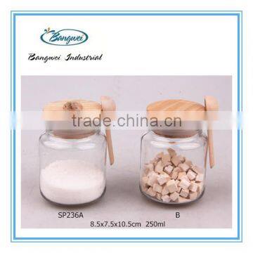 glass spice jar with wooden lid and spoon