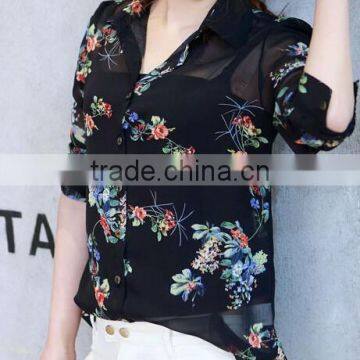 Hot black floral print chiffon shirts for woman chiffon long sleeve chiffon tops