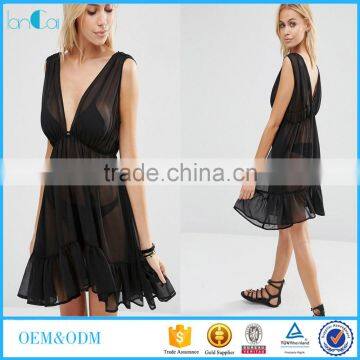 Sexy sheer black deep v neck halter sleeveless ruffle mini dress for summer beach wear