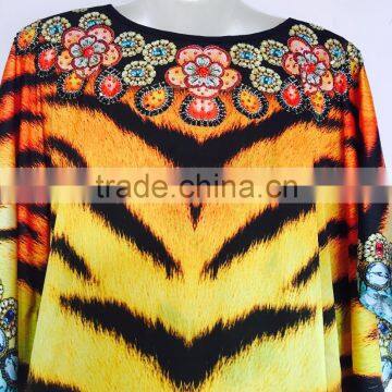 Long Satin Digital Crystal Embellished LLEOPARD PRINT Kaftan CAFTAN Tunic Poncho Blouse photo-3