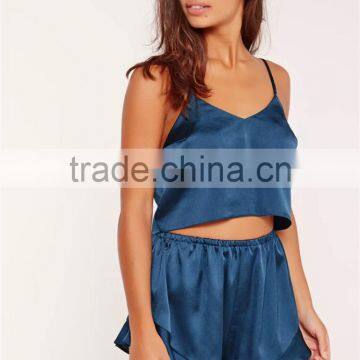 MGOO Women Cropped Cami Pyjama Set Blue Singlet Slip Top With Lace Trim Shorts Plain Pajama Set photo-3