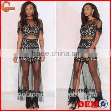 Slim Front Lace See Through Floral Print Latest Long Skirt Design