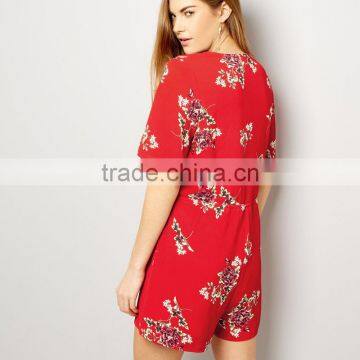 Drawstring Short Sleeve Playsuit for Women Rayon Floral Clothing photo-2