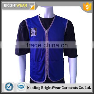 customized polyester blue mesh vest PVC pockets zipper safety vest