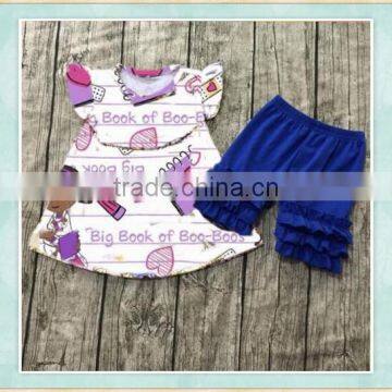 Back to school boutique outfit flutter sleeve and bule ruffle short pant holiday clothing kids sets