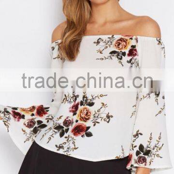 Hot Selling Women Casual Floral Printed off Shoulder Boat Neck Designs Fashion Long Sleeve Blouse for Wholesale 2017 photo-3