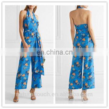 High Quality Halter Neck Romper Blue Floral Jumpsuit Women