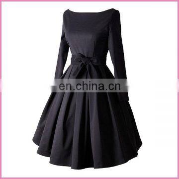 long sleeves boat neck belted side bowknot high waisted evening dress