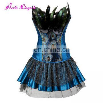 High Quality blue Peacock feather steel boned bustier waist trainer corset