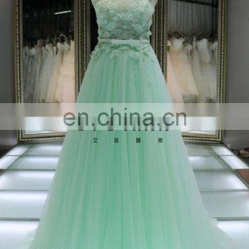 1A1045 Dreamy Light Green Crocheted Lace Sash 3D Flowers Appliqued Sleeveless Evening Dress Prom Dress Bridesmaid Dress