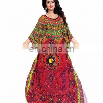 Fashionable 3D Digital Floral Printed Satin Silk Fabric V Neck Kaftan (kaftans 2017)