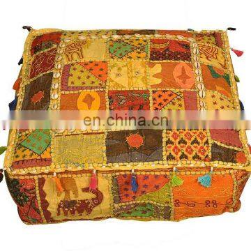 Square Shape Vishal Handicraft Vintage Print Quilted Pompom Pouf Ottoman Covers