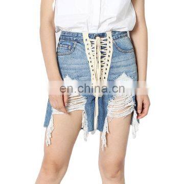 TWOTWINSTYLE Patchwork Cross Strap Denim Women's Shorts High Waist Hole Tassel Streetwear