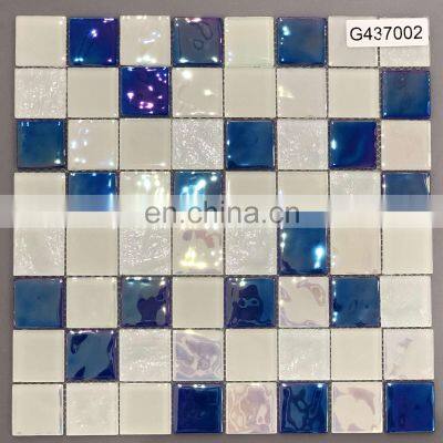 blue and white splash back hot melted mosaic 4mm iridescent glass mosaic tiles with mesh-back,easy to pave for swimming pool