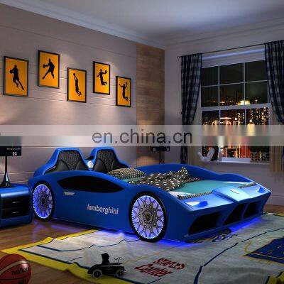 Hot Wholesale leather bed Fashion Modern LED light race car shape children bed High-quality baby bed