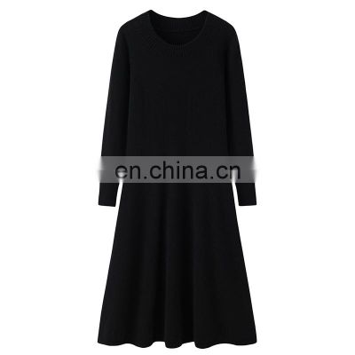 New Arrival Women's Crew Neck Casual Pure Cashmere Dress High Quality Knee-Length Knitting Fabric Breathable Natural Autumn