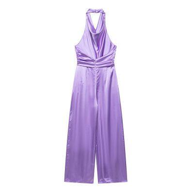 Summer New European and American Style Silk Satin Texture Hanging Neck Jumpsuit photo-2