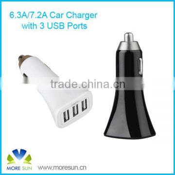 High quality ABS + PC material 5V 7.2A quick charge 3 ports usb car charger