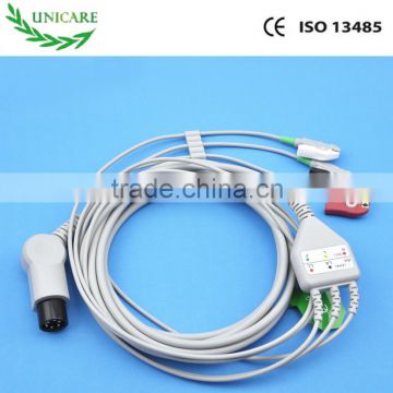 One-Piece 3 Lead 5 lead ECG Cable with Leadwire, 6 pin, clip end, AHA