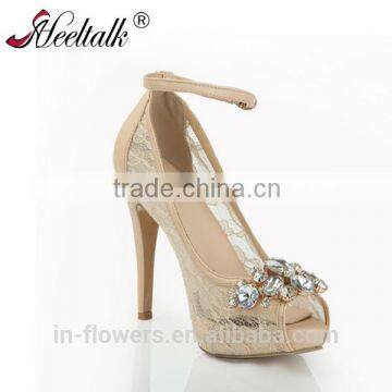 Wholesale lace material with rhinestone wedding shoes with ankle strap dress shoes