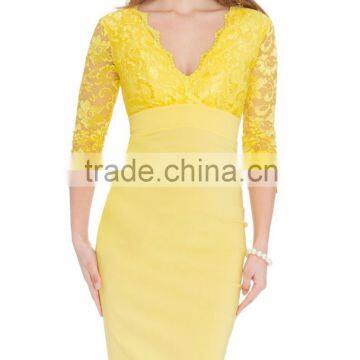 3/4 Sleeve V Neck Lace Fitted Wedding Party Dress