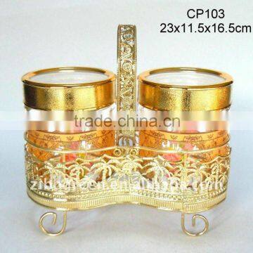 2pcs round glass jar with printing with golden rack(CP103)