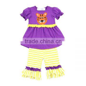 2016 purple dress ruffle pants back to school clothing football tiger applique cute girls outfit boutique children clothes